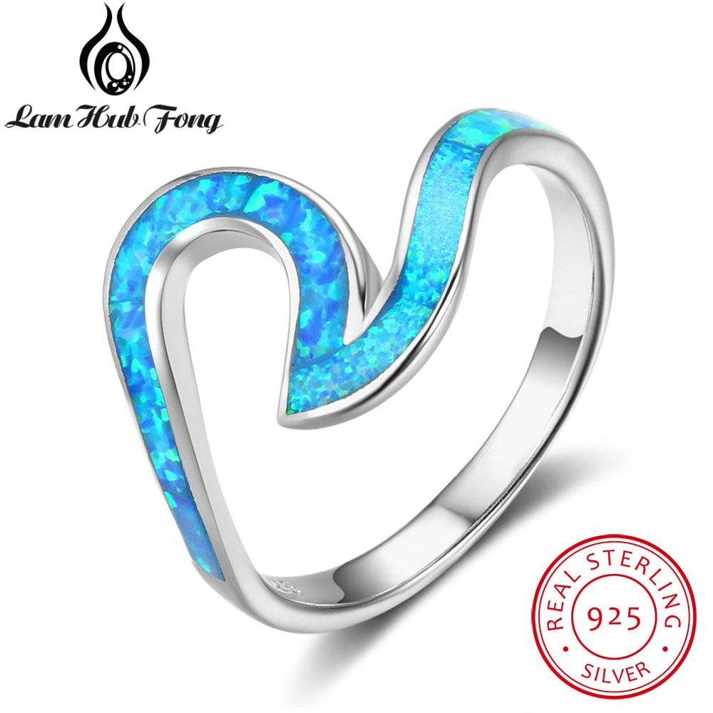 Real Pure 925 Sterling Silver Ocean Blue Opal Wave Shape Finger Rings for Girls Female Geometric Size Ring (Lam Hub Fong)