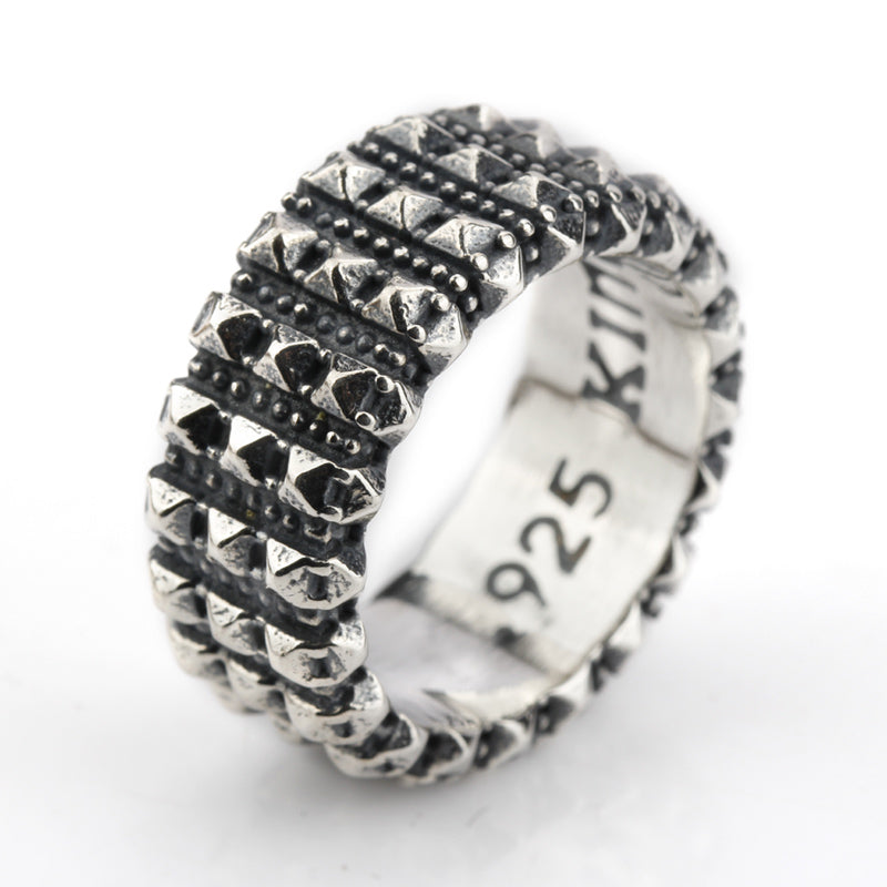 Real Pure 925 Sterling Silver Rings Vintage Punk Rock Style Ring with Square Taper &Rivet for Men Lovers Jewelry