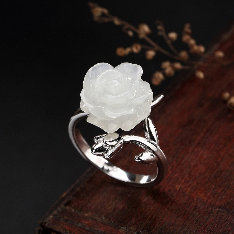 Real Pure 925 Sterling Silver White Rose Rings For Women Elegant Beautiful Flower Rings Adjustable Natural Stone Bijouterie Fine