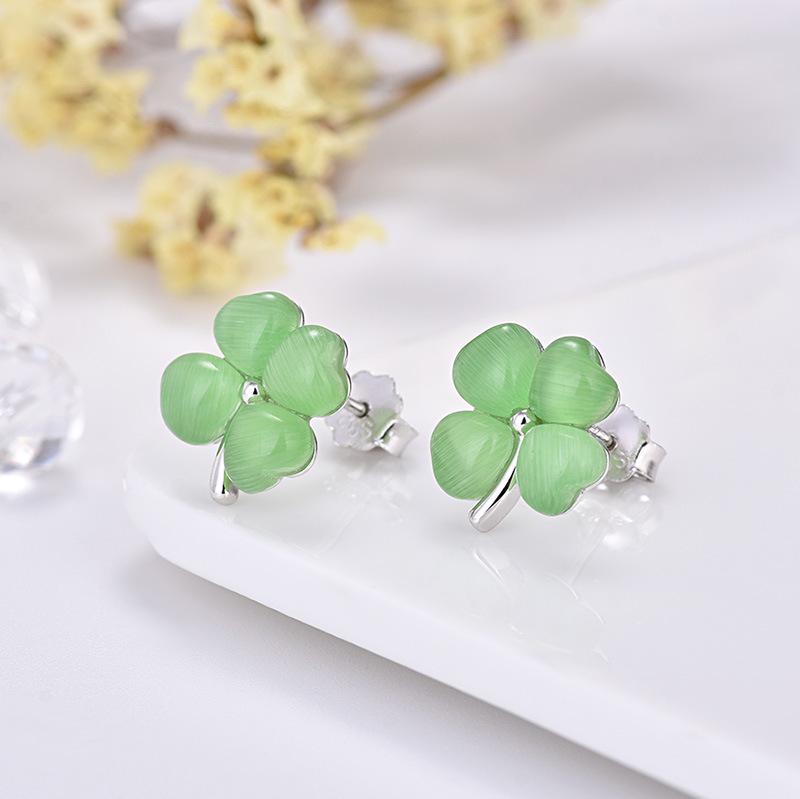 Real Pure Silver 925 Earrings Women Jewelry Four Leaf Clover Green Opal Stud Earrings