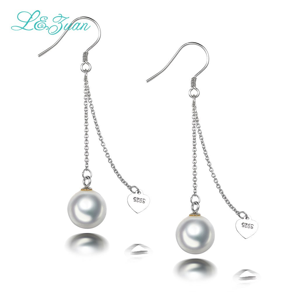 Real S925 Sterling Silver Dangle Earrings For Women White/Black Round Seashell Pearl Drop Earrings Fine Jewelry 096