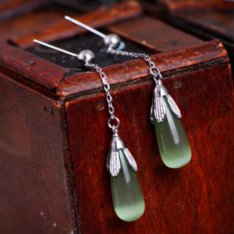 Real Silver 925 Drop Earrings Cat's Eye Opal Stone Flower Design Gemstone Long Earrings For Women Fine Jewelry