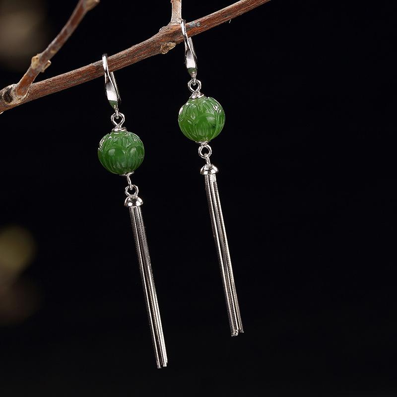Real Silver 925 Long Tassel Earrings Hook Inlaid Natural Gemstone Hetian Jade Jasper Lotus Engraved Women Fine Jewelry