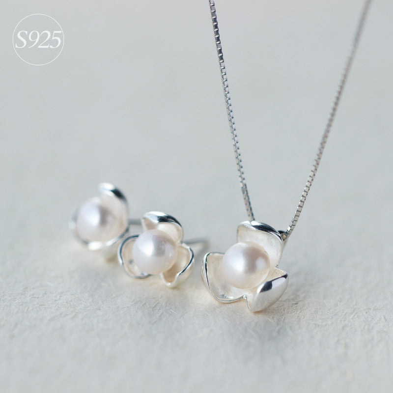 Real. Solid 925 Sterling Silver white pearl &blossom flower Pendant Necklace earrings set jewelry GTLX1013