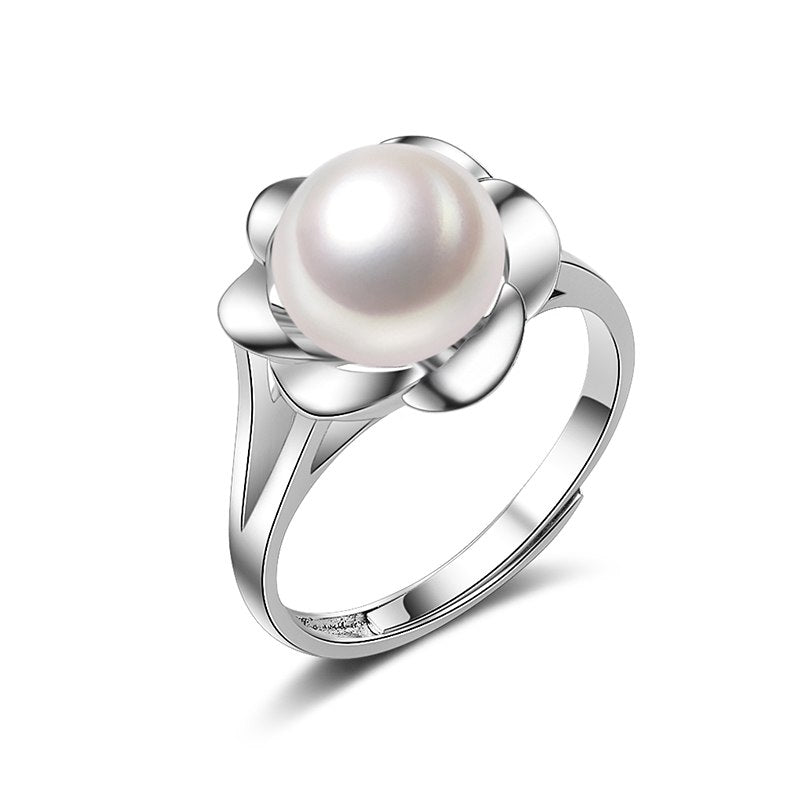 Real flower ring silver 925,white black natural pearl ring adjustable