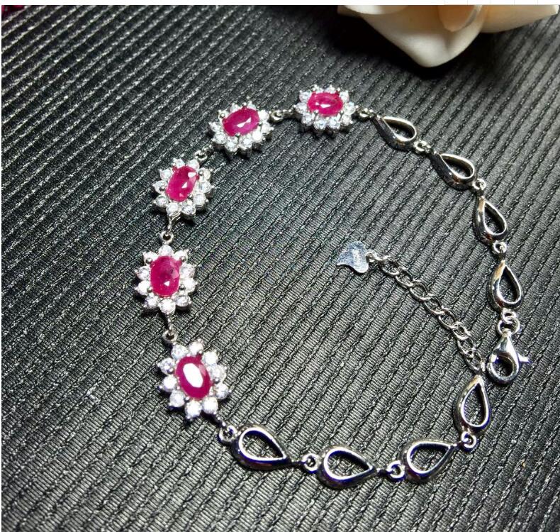 Real ruby bracelet Free shipping Natural and real ruby Chain bracelet 925 sterling silver 4*6mm 5pcs