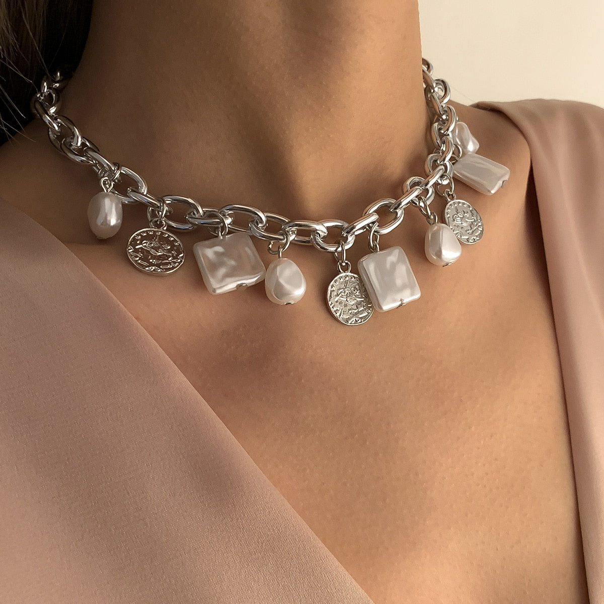 Rectangle Geometric Pendant Bamboo Chain Necklace Pearl Punk Clavicle Chain for Women Men Jewelry