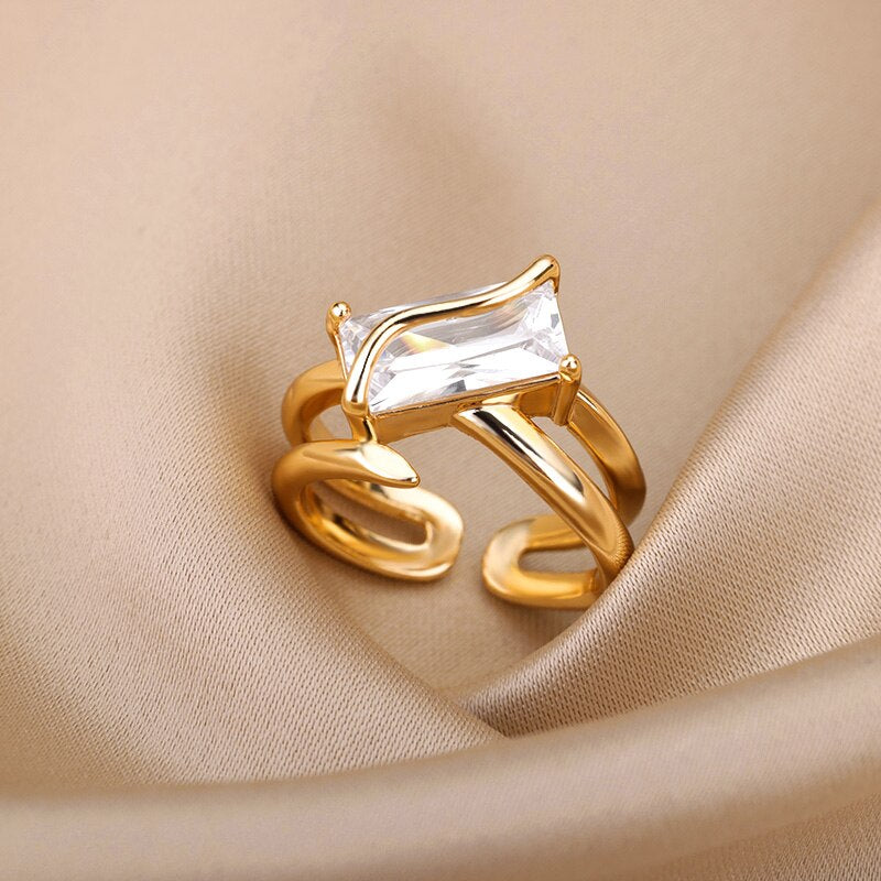 Rectangle Zircon Rings for Women Open Adjustable Stainless Steel Double Layers Finger Ring 2023 Trend Couple Wedding Jewelry BFF