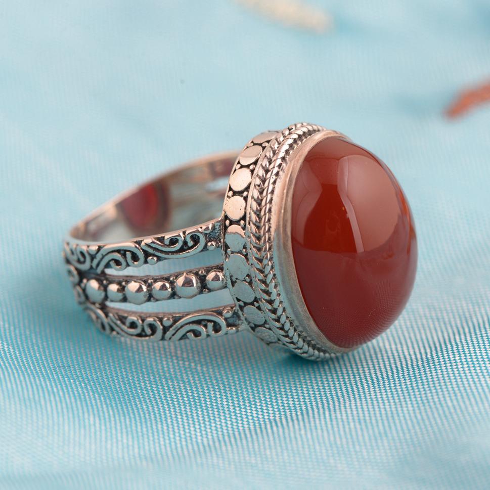 Red Agate Ring 925 Sterling Silver Vintage Thai Silver Oval Shaped Natural Stone Exaggerated Large Womens Rings