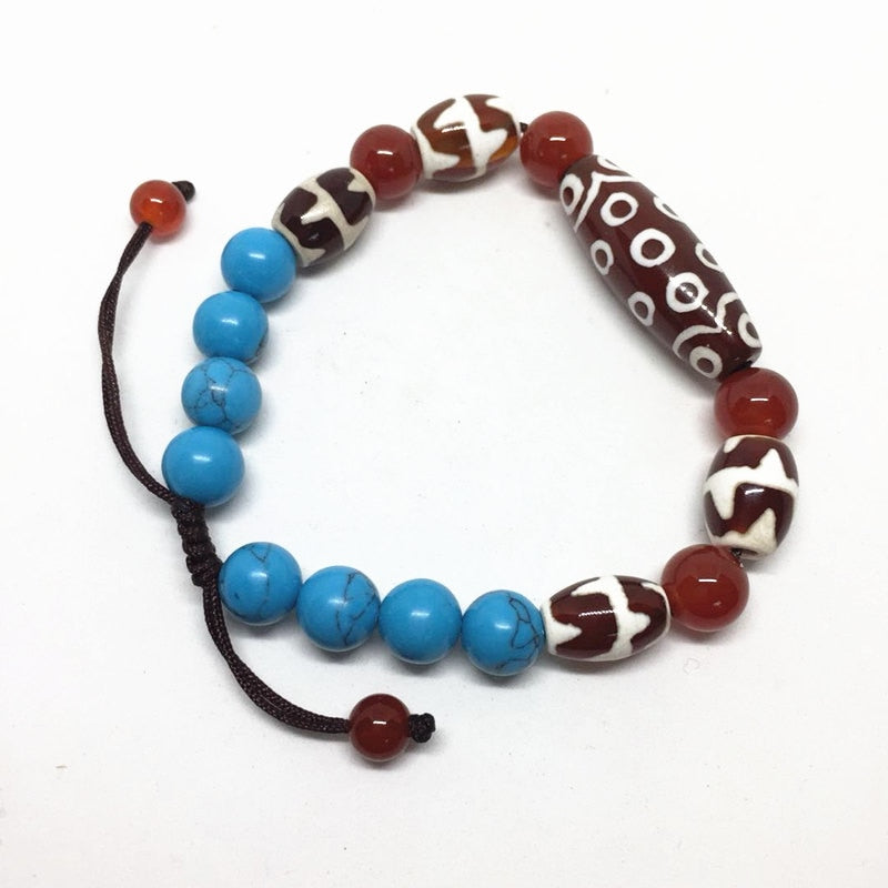 Red Chalcedony Ajustable Bracelet 21 Eyes Dzi Bead Amulet with Turquoise Beads High Quality Bracelet Bring Good Luck