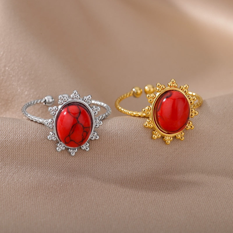 Red Circle Opal Rings for Women Stainless Steel Open Adjustable Gold Color Finger Ring 2023 Trend Jewelry anillos mujer