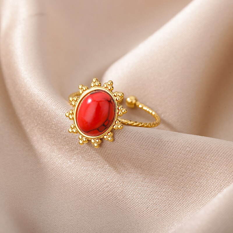 Red Circle Opal Rings for Women Stainless Steel Open Adjustable Gold Color Finger Ring 2023 Trend Jewelry anillos mujer