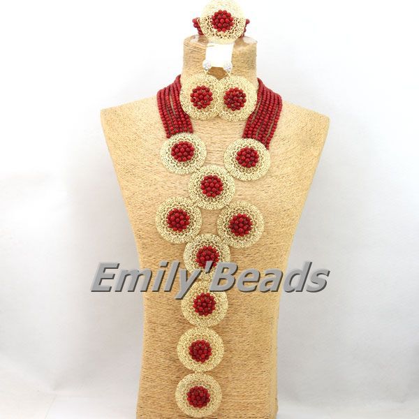 Red Coral African Beads Jewelry Set Nigerian Wedding Bridal Necklace Jewelry Set Unique Jewerly Sets   CJ371