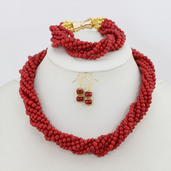 Red Coral African Beads Jewelry Set Nigerian Wedding Bridal Necklace Jewelry Set Unique Jewerly Sets   CJ371