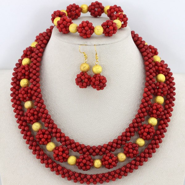 Red Coral African Beads Jewelry Set Nigerian Wedding Bridal Necklace Jewelry Set Unique Jewerly Sets   CJ371