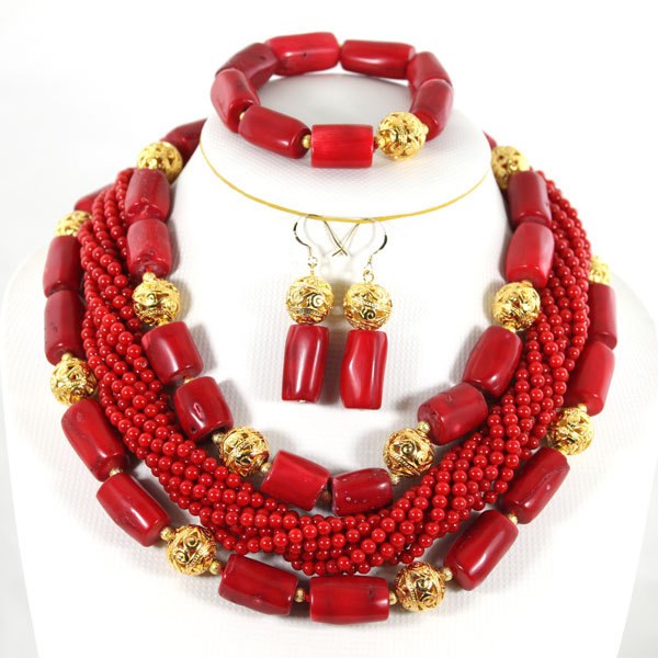 Red Coral African Beads Jewelry Set Nigerian Wedding Bridal Necklace Jewelry Set Unique Jewerly Sets   CJ371