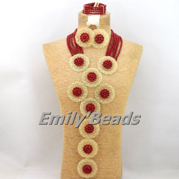 Red Coral African Beads Jewelry Set Nigerian Wedding Bridal Necklace Jewelry Set Unique Jewerly Sets   CJ371