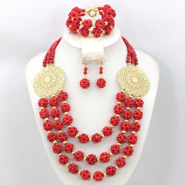 Red Coral African Beads Jewelry Set Nigerian Wedding Bridal Necklace Jewelry Set Unique Jewerly Sets   CJ371