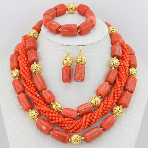 Red Coral African Beads Jewelry Set Nigerian Wedding Bridal Necklace Jewelry Set Unique Jewerly Sets   CJ371
