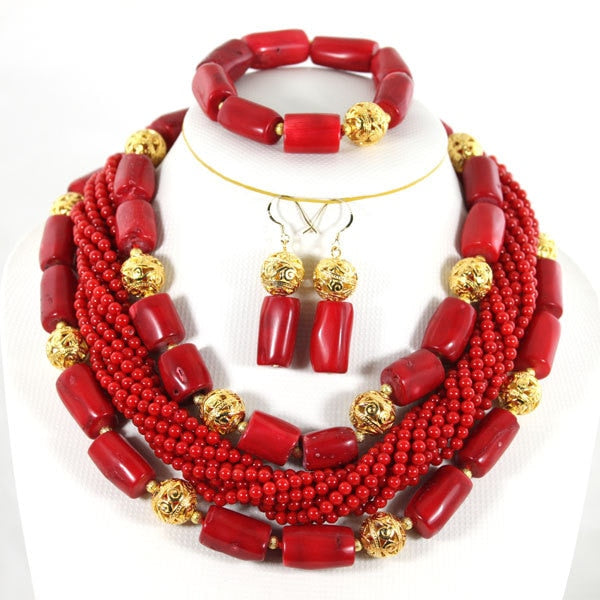 Red Coral African Beads Jewelry Set Nigerian Wedding Bridal Necklace Jewelry Set Unique Jewerly Sets   CJ371