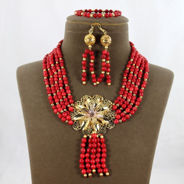 Red Coral African Beads Jewelry Set Nigerian Wedding Bridal Necklace Jewelry Set Unique Jewerly Sets   CJ371