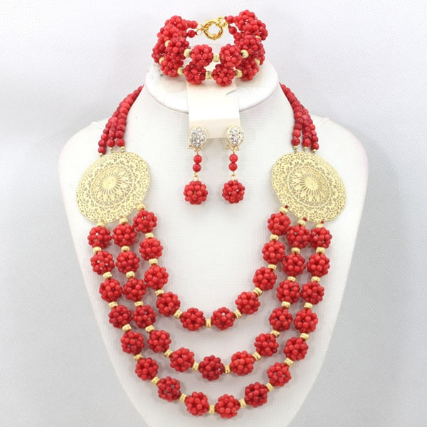 Red Coral African Beads Jewelry Set Nigerian Wedding Bridal Necklace Jewelry Set Unique Jewerly Sets   CJ371