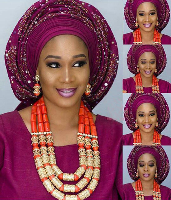 Red Coral Jewelry Sets for Women Fantastic Red and Gold Nigerian Wedding Gift Coral Bead Necklace Jewelry Set for Brides GA513