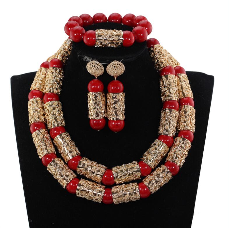 Red Coral Jewelry Sets for Women Fantastic Red and Gold Nigerian Wedding Gift Coral Bead Necklace Jewelry Set for Brides GA513