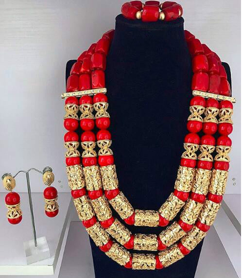 Red Coral Jewelry Sets for Women Fantastic Red and Gold Nigerian Wedding Gift Coral Bead Necklace Jewelry Set for Brides GA513