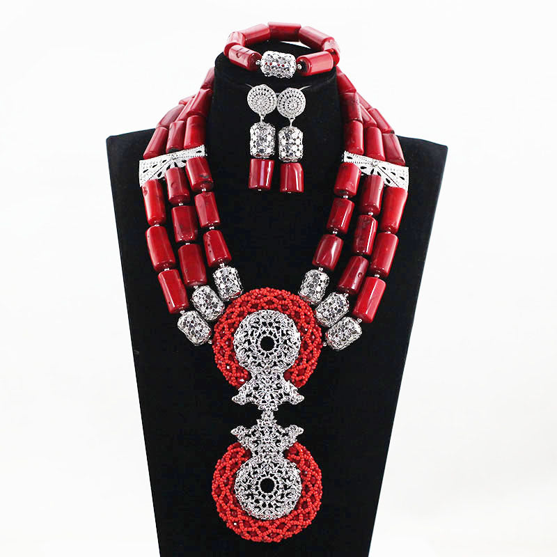 Red Coral Jewelry Sets for Women Fantastic Red and Gold Nigerian Wedding Gift Coral Bead Necklace Jewelry Set for Brides GA513