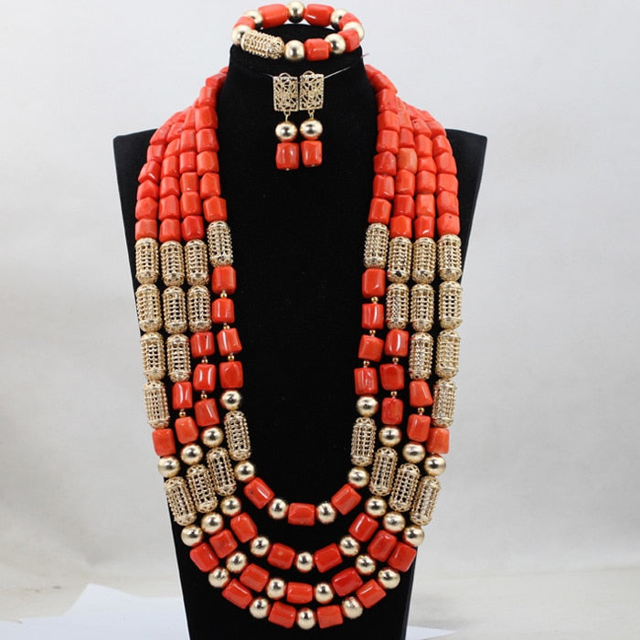 Red Coral Jewelry Sets for Women Fantastic Red and Gold Nigerian Wedding Gift Coral Bead Necklace Jewelry Set for Brides GA513