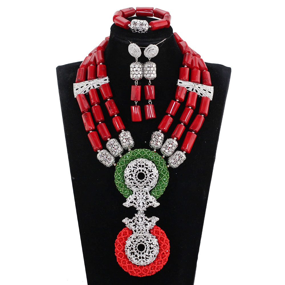 Red Coral Jewelry Sets for Women Fantastic Red and Gold Nigerian Wedding Gift Coral Bead Necklace Jewelry Set for Brides GA513