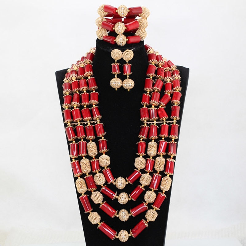 Red Coral Jewelry Sets for Women Fantastic Red and Gold Nigerian Wedding Gift Coral Bead Necklace Jewelry Set for Brides GA513