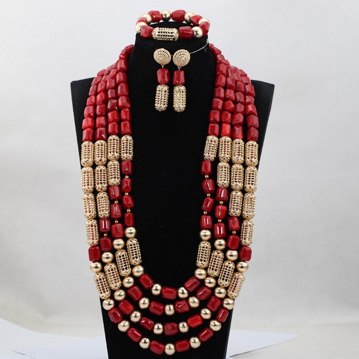 Red Coral Jewelry Sets for Women Fantastic Red and Gold Nigerian Wedding Gift Coral Bead Necklace Jewelry Set for Brides GA513