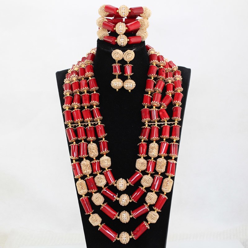 Red Coral Jewelry Sets for Women Fantastic Red and Gold Nigerian Wedding Gift Coral Bead Necklace Jewelry Set for Brides GA513