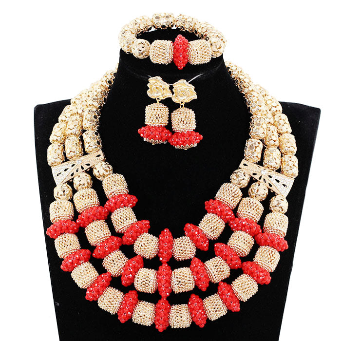 Red Coral Jewelry Sets for Women Fantastic Red and Gold Nigerian Wedding Gift Coral Bead Necklace Jewelry Set for Brides GA513