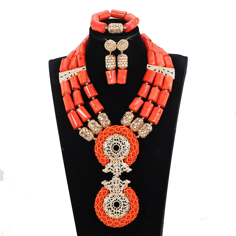 Red Coral Jewelry Sets for Women Fantastic Red and Gold Nigerian Wedding Gift Coral Bead Necklace Jewelry Set for Brides GA513