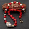 Red Coral White Pearl Necklace White Keshi Pearl Cz pave Pendant 21"
