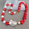 Red Coral White Pearl Necklace White Keshi Pearl Cz pave Pendant 21"