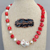 Red Coral White Pearl Necklace White Keshi Pearl Cz pave Pendant 21"