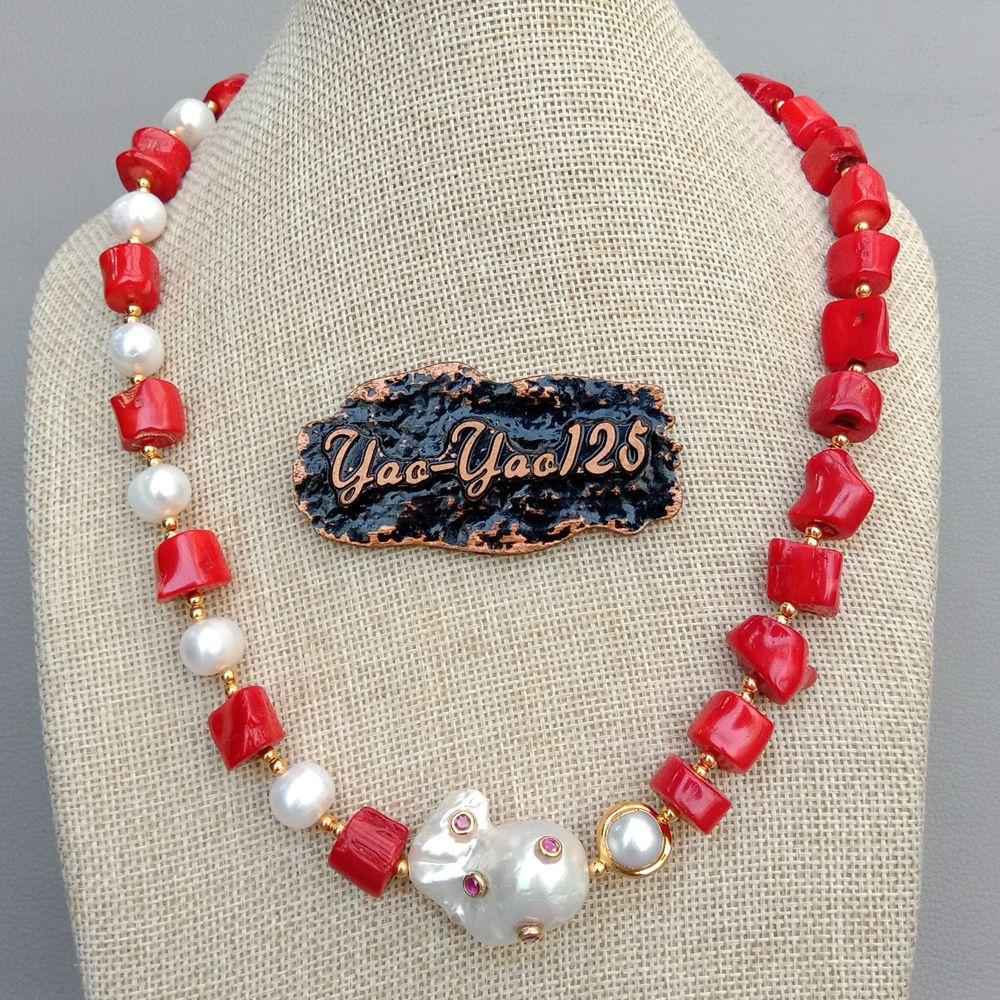 Red Coral White Pearl Necklace White Keshi Pearl Cz pave Pendant 21"