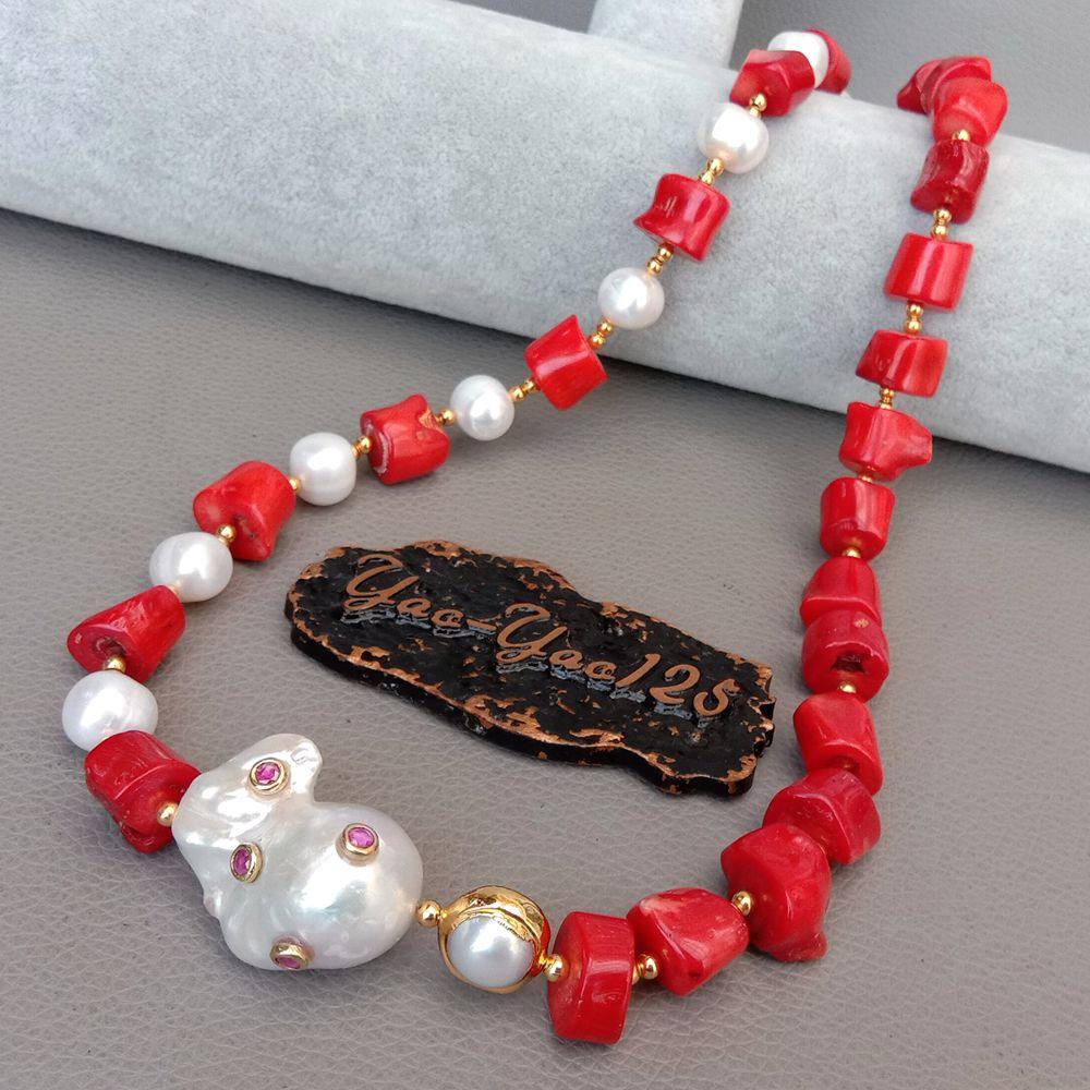 Red Coral White Pearl Necklace White Keshi Pearl Cz pave Pendant 21"