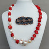 Red Coral White Pearl Necklace White Keshi Pearl Cz pave Pendant 21"