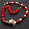 Red Coral White Pearl Necklace White Keshi Pearl Cz pave Pendant 21"