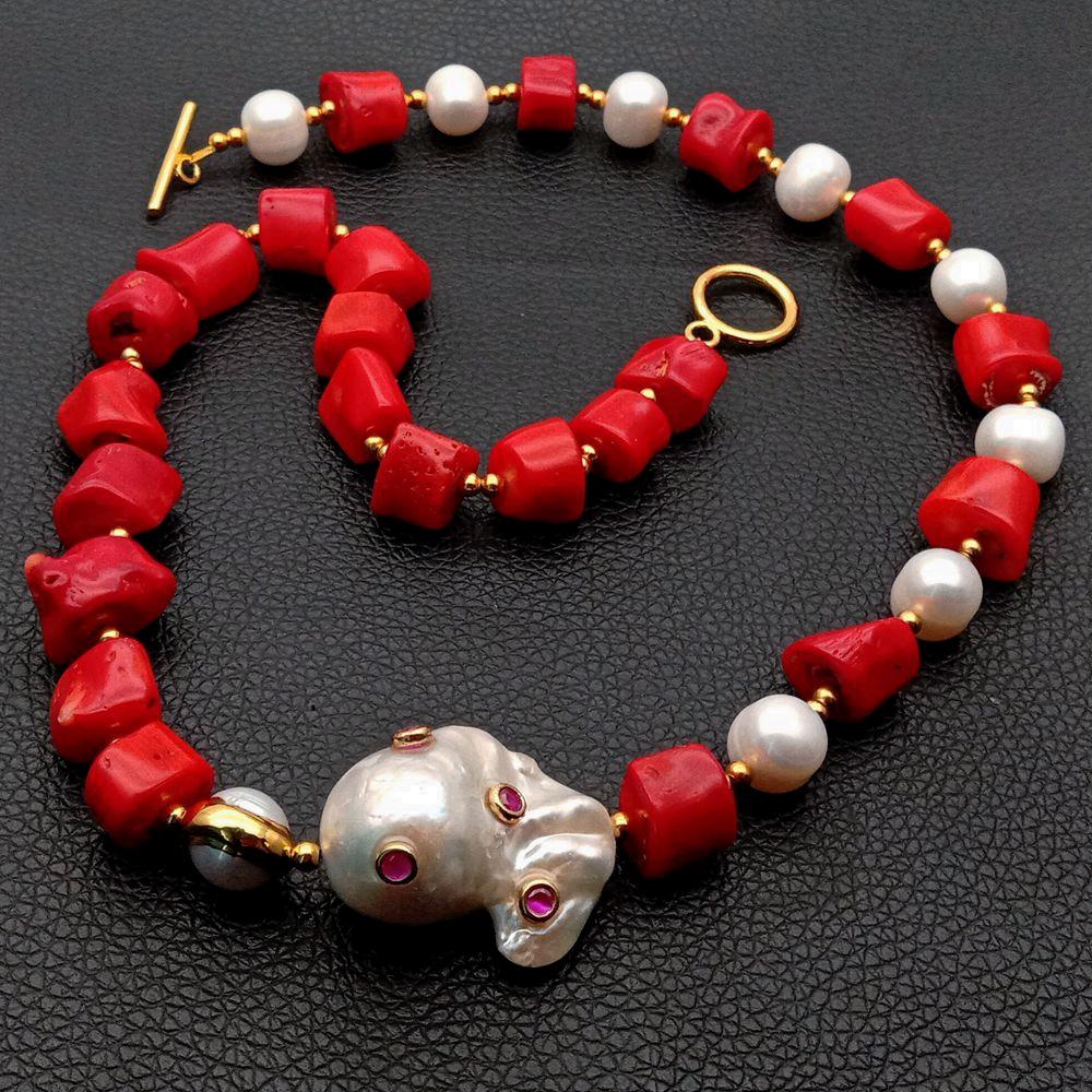 Red Coral White Pearl Necklace White Keshi Pearl Cz pave Pendant 21"