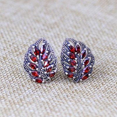 Red Garnet 100% 925 Sterling Silver Earrings For Women Natural Stone Wedding Earrings Leaves Design Jewelry Accessories SE37