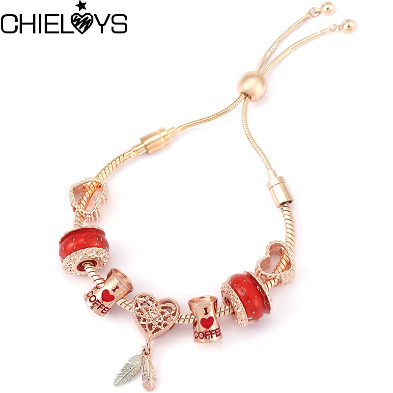Red Murano Glass Crystal Beads Charm Bracelets With I Love Coffee Beads Adjustable Chain Bracelets For Women Wife Jewelry Gift