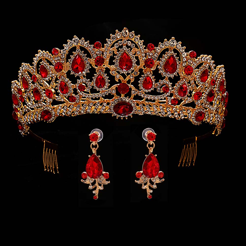Red Queen crown Crystal bridal Tiaras bride crown and earrings Baroque headband Wedding Accessories diadem hair jewelry ornament