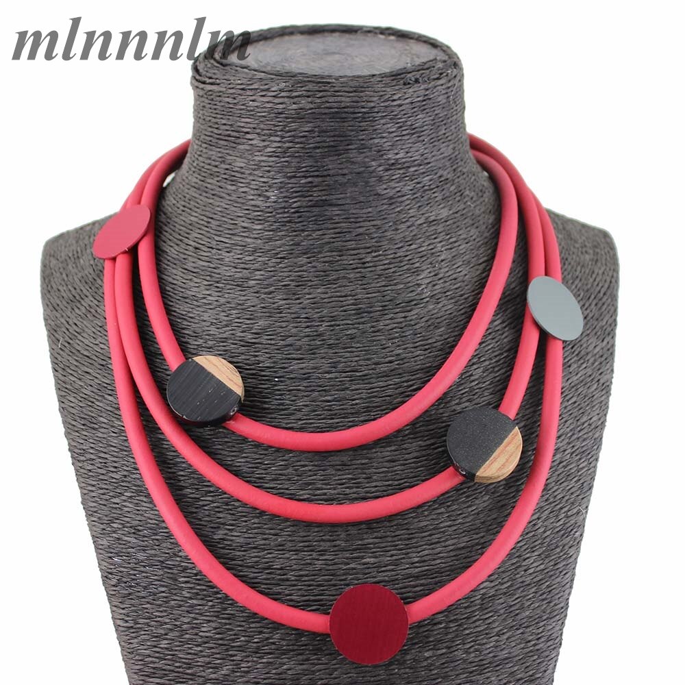 Red Rubber Choker Necklace For Women Geometric Circle Wood Statement Necklaces Collier Vintage Boheme Punk Jewelry