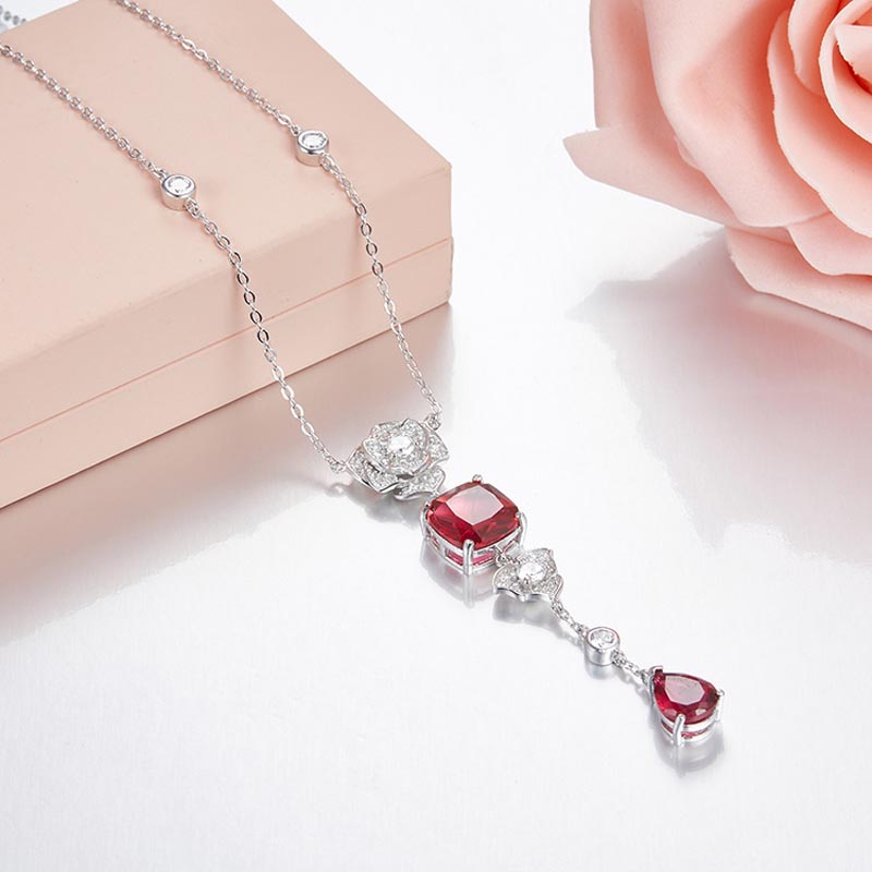 [Red Trees] 925 Sterling Silver Chain Teardrop and Flower Pendant Necklace Fine Jewelry For Women Wedding Christmas Party Gift